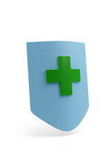 Shield with a green cross isolated on white background. Medical guard shield icon. 3d illustration.