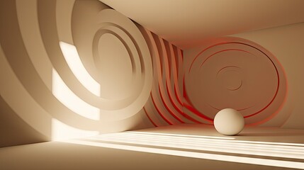 Abstract composition with wooden circles and geometric shapes in a room with light and shadow play.
