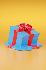 Melted gift box with bow isolated on yellow background. 3d illustration.