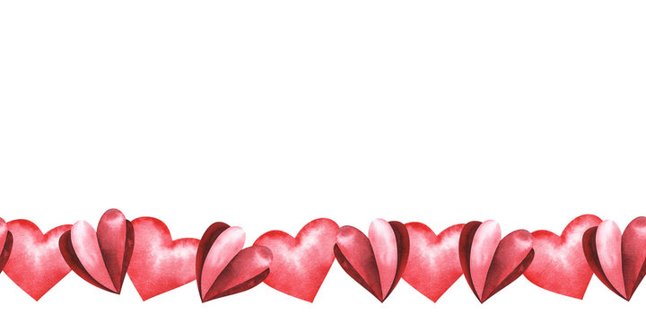 Seamless watercolor header with pink and red hearts on white background. Valentine's day border. Hand-drawn wedding illustration. Romantic background.