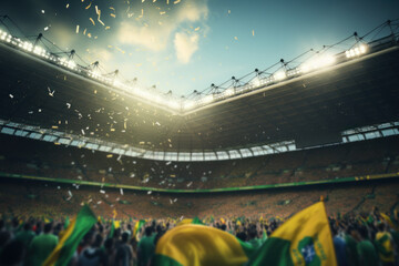 The Brazilian flag adorning a soccer stadium during a thrilling match. Concept of sports and national identity. Generative Ai. - obrazy, fototapety, plakaty