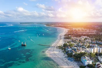 Fotobehang Aerial view from drone on caribbean beach of Atlantic ocean with luxury resorts, travel destination © photopixel