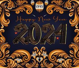 happy new year 2024, gold text and natural pattern frame