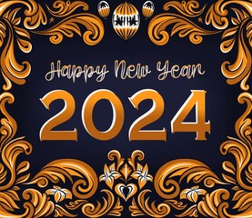 happy new year 2024, gold text and gold natural pattern frame
