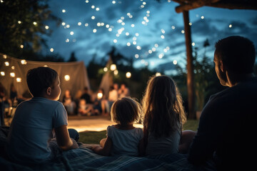 A family movie night under the stars, watching an Australian film on a big screen. Concept of outdoor cinema and cultural entertainment. Generative Ai. - obrazy, fototapety, plakaty