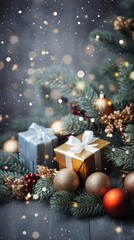 Obraz na płótnie Canvas Christmas decorative items gift box star bow bell Christmas tree ornaments Holiday text