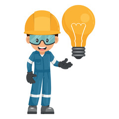Industrial mechanic worker with a giant light bulb. Supervisor engineer with his coverall and personal protective equipment with creative idea symbol. Industrial safety and occupational health at work