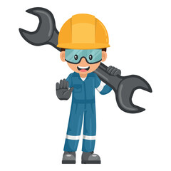 Industrial mechanic worker with mechanical wrench making stop sign. Concept of repair, preventive maintenance and technical support. Industrial safety and occupational health at work