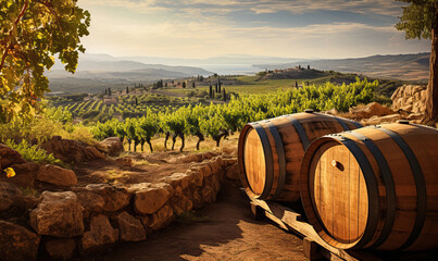 Wine barrels against the backdrop of green vineyards. - obrazy, fototapety, plakaty