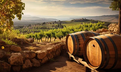 Foto op Canvas Wine barrels against the backdrop of green vineyards. © Andreas