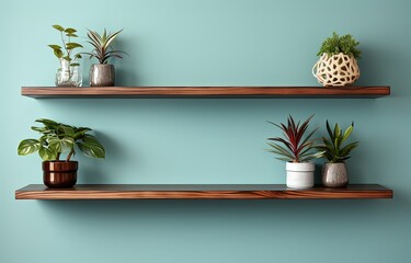 Wooden Shelves with Vibrant Potted Plants on Light Blue Wall