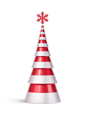Red and silver Christmas tree in elongated abstract cone shape. New Year's decoration isolated on transparent background. 3D render