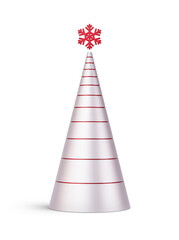 Red and silver Christmas tree in elongated abstract cone shape. New Year's decoration isolated on transparent background. 3D render