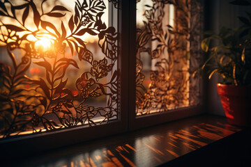 A dramatic sunset through a window, casting intricate patterns of light and shadow in an interior space. Concept of indoor ambiance and atmosphere. Generative Ai.