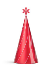 Red and silver Christmas tree in elongated abstract cone shape. New Year's decoration isolated on transparent background. 3D render