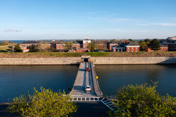 Aerial View of the Bridge Leading Across the Moat to the Main Campus of Fort Monroe in Hampton...