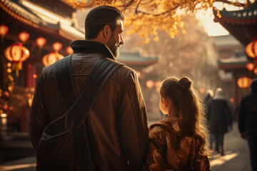 A family visiting a Confucius temple to pay their respects and seek wisdom. Concept of education and cultural values. Generative Ai.
