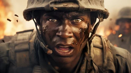 Foto op Plexiglas Dramatic depiction of soldier in a warzone, with fire and debris creating a chaotic backdrop. African American young male warrior wearing a helmet. Hostilities © Jafree