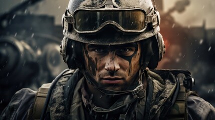 Dramatic depiction of soldier in a warzone, with fire and debris creating a chaotic backdrop. A white young male warrior wearing a helmet and war paint on his face. Hostilities - obrazy, fototapety, plakaty