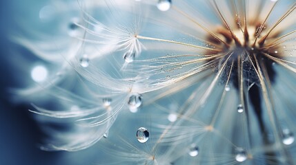 A close-up of a dew-covered dandelion seed head, with open space for text placement.