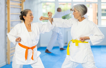 Sportive old-aged woman trainee of karate courses applying attack methods on her partner © JackF