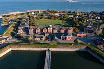 Aerial View of the Main Campus of Fort Monroe in Hampton Virginia Looking Towards the Chesapeake Bay