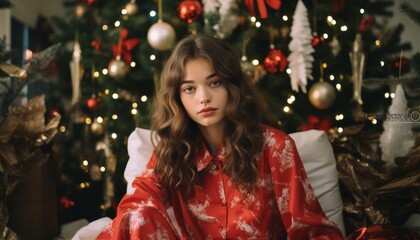 pretty young woman with Christmas pyjamas and loose hair sits in an armchair in front of a lavishly decorated Christmas tree