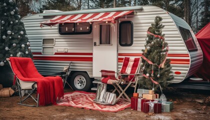 an old style camping trailer in white with red stripes, in front of it two decorated Christmas fir trees, two folding chairs and a few Christmas presents