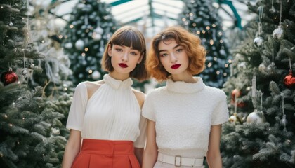 two sisters with painted red lips and white clothes pose in front of an avenue of Christmas trees