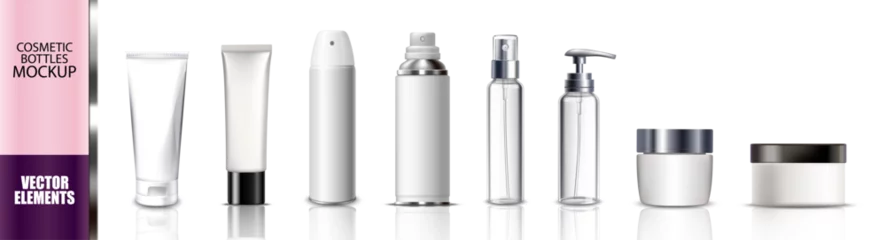 Fotobehang White clean bottle for cosmetic ad. Realistic cosmetic aerosol, deodorant or sprayer clear bottle package mockups. © Tata