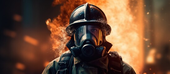 Fiery fireman in protective gear.