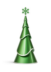 Fototapeta premium Green and silver Christmas tree in elongated abstract cone shape. New Year's decoration isolated on transparent background. 3D render