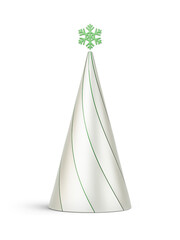 Green and silver Christmas tree in elongated abstract cone shape. New Year's decoration isolated on transparent background. 3D render