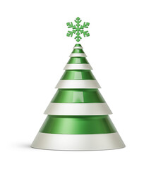 Green and silver Christmas tree in abstract cone shape. New Year's decoration isolated on transparent background. 3D render