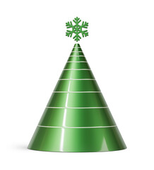 Green and silver Christmas tree in abstract cone shape. New Year's decoration isolated on transparent background. 3D render