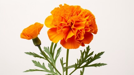 A close-up of a vibrant orange marigold on a clean white background, suitable for text addition.