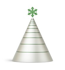 Fototapeta premium Green and silver Christmas tree in abstract cone shape. New Year's decoration isolated on transparent background. 3D render
