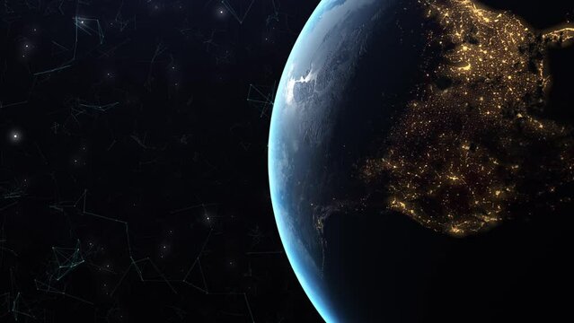 Planet earth view from space with abstract dynamic triangulation animation in the background