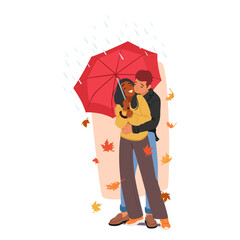 In A Colorful Cascade Of Autumn Leaves, A Cozy Couple Man and Woman Characters Embraces Beneath A Shared Umbrella