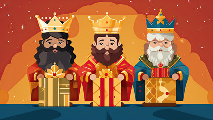 dibujo de los reyes magos de oriente Melchor, Gaspar y Baltasar sosteniendo unos paquetes regalos entre sus manos - obrazy, fototapety, plakaty