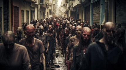Fototapeta na wymiar Crowd of rotten zombies lurking on streets of destroyed city, apocalypse concept