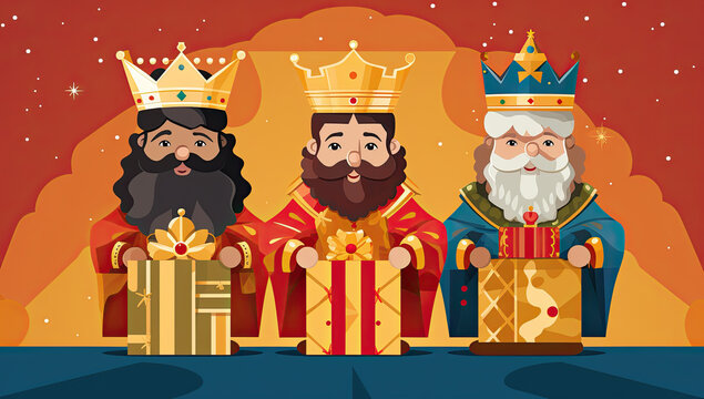 dibujo de los reyes magos de oriente Melchor, Gaspar y Baltasar sosteniendo unos paquetes regalos entre sus manos