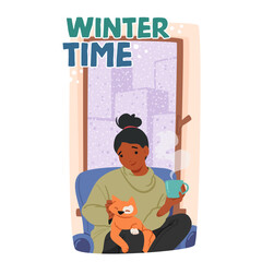 Winter Time Banner With Young Woman Cozily Nestled In Home, Wrapped In Sweater, Sipping Coffee Beside A Purring Cat