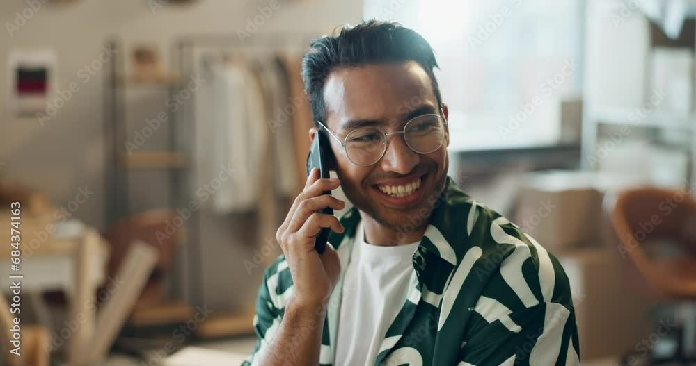 Poster phone call, home and man with small business and networking for online job with discussion. happy, m