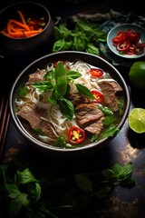 Aromatic bowl of steaming pho soup with rice noodles, herbs, and beef slices