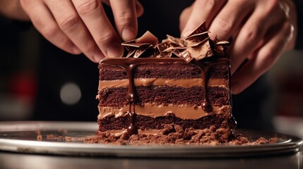 A close-up of a chef's hand meticulously decorating a decadent multi-layered chocolate cake.