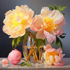 Delicate yellow-pink peony, droplets on the petals have not bloomed very much, standing in a vase and wearing glasses. AI generated