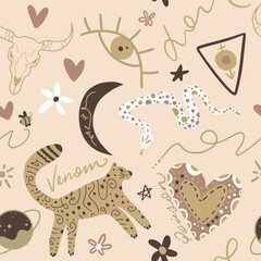 Obraz premium Abstract Hand Drawing Leopard Heart Eye Planet Flower Cow Skull Snake Star and Geometric Shapes Doodle Seamless Retro Vector Textile Pattern Isolated Background