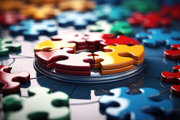 A puzzle coming together with precision, portraying the harmonious integration of diverse ideas into a cohesive concept. Concept of unity in diversity. Generative Ai.
