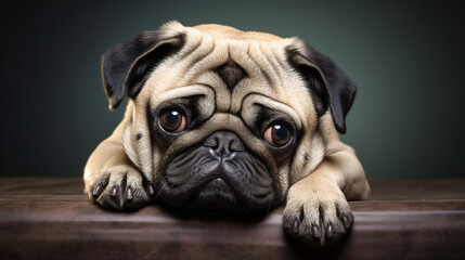 Sad pug puppy dog on wooden floor.